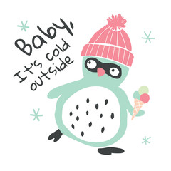 Hand drawn penguin with icecream and lettering