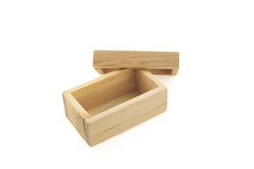 Empty wooden light brown traveling box with open lid isolated on white background