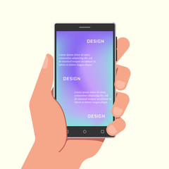 Hand holding phone with gradient mesh wallpapers. Vector illustration.