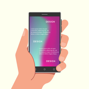 Hand holding phone with gradient mesh wallpapers. Vector illustration.