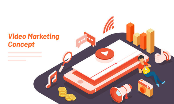 3D illustration of smartphone with media and infographic equipments for Video Marketing concept based hero banner design.
