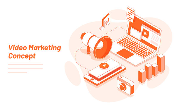 Modern flat design with isometric laptop and smartphone with video play window, media, infographic and marketing equipments for Video marketing concept.