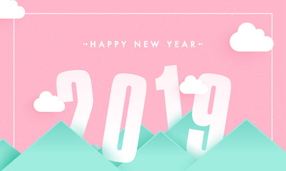 Creative paper cut style 2019 text pink cloudy mountain background for New Year celebration poster banner design.