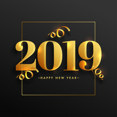 Golden 2019 text on black background for New Year celebration. Can be used as greeting card design.