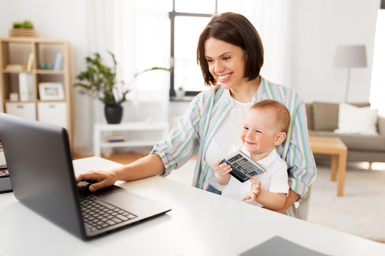 multi-tasking, freelance and motherhood concept - working mother baby boy and laptop computer at home office