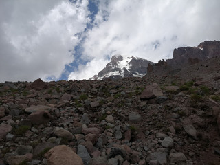Mount Kazbek and rocks