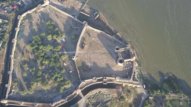 Aerial view from drone to ancient fortress Akkerman which is on the bank of the Dniester estuary, Bilhorod-Dnistrovskyi city, Odessa region, Ukraine