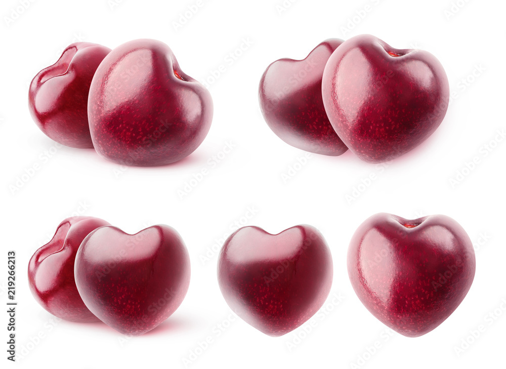 Aufkleber isolated cherries. collection of heart shaped sweet cherry fruits without stems isolated on white ba