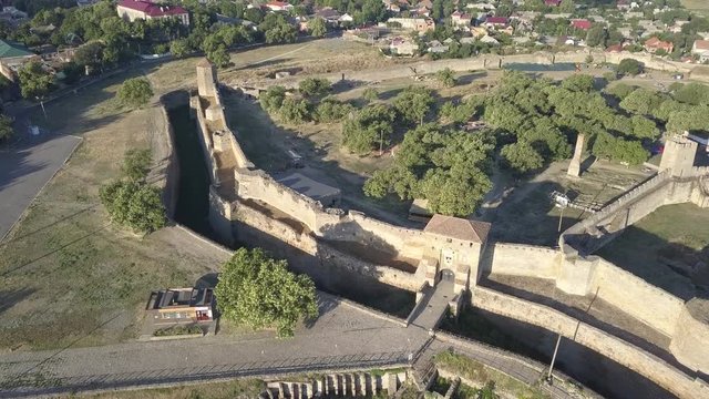 Aerial view from drone to ancient fortress Akkerman which is on the bank of the Dniester estuary, Bilhorod-Dnistrovskyi city, Odessa region, Ukraine