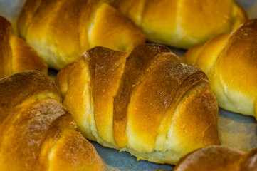 Homemade croissants with sweet filling, close up