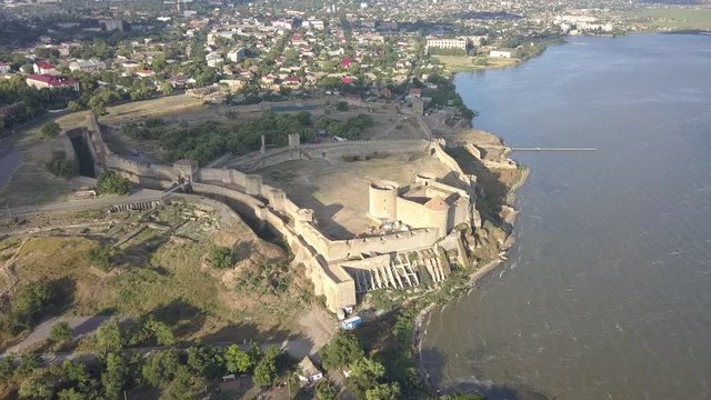 Aerial view from drone to ancient fortress Akkerman which is on the bank of the Dniester estuary, Bilhorod-Dnistrovskyi city, Odessa region, Ukraine