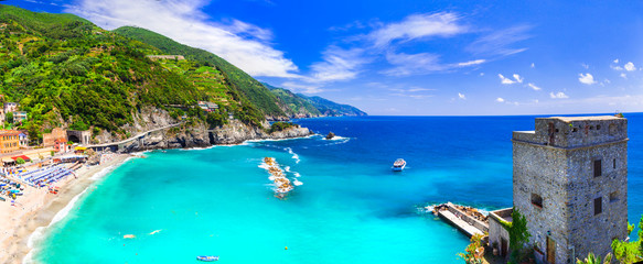 Coastal Italy series- national park Cinque terre and picturesque Monterosso al mare in Liguria - obrazy, fototapety, plakaty