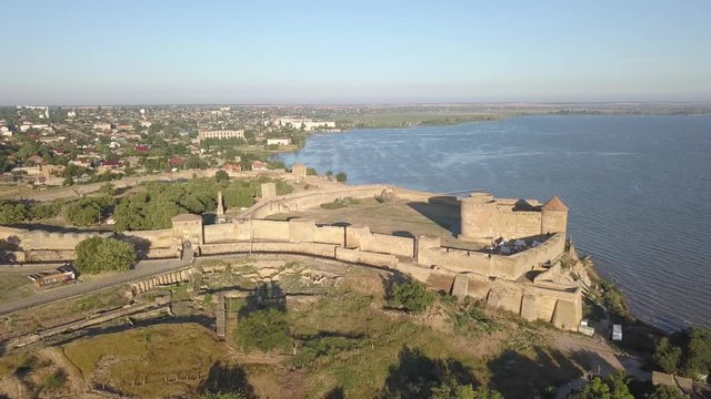 Aerial view from drone to ancient fortress Akkerman which is on the bank of the Dniester estuary, Bilhorod-Dnistrovskyi city, Odessa region, Ukraine