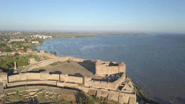 Aerial view from drone to ancient fortress Akkerman which is on the bank of the Dniester estuary, Bilhorod-Dnistrovskyi city, Odessa region, Ukraine