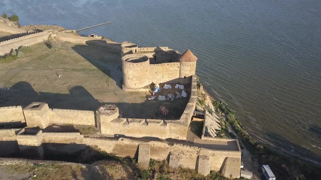 Aerial view from drone to ancient fortress Akkerman which is on the bank of the Dniester estuary, Bilhorod-Dnistrovskyi city, Odessa region, Ukraine