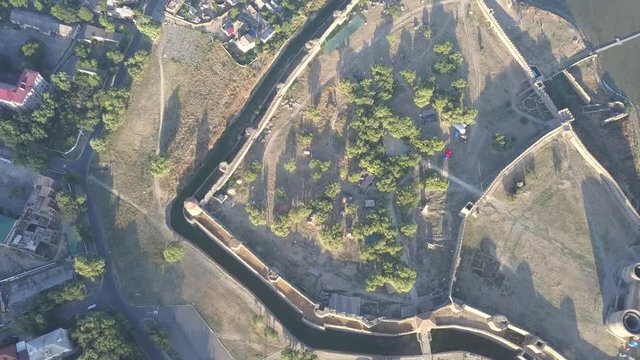 Aerial view from drone to ancient fortress Akkerman which is on the bank of the Dniester estuary, Bilhorod-Dnistrovskyi city, Odessa region, Ukraine