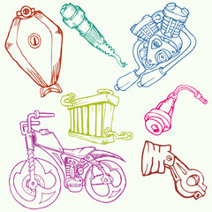motorcycle and group of spareparts hand draw illustration