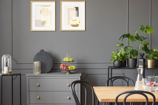 Posters above grey cabinet in dark dining room interior with plants and wooden table. Real photo