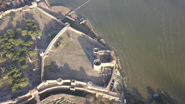 Aerial view from drone to ancient fortress Akkerman which is on the bank of the Dniester estuary, Bilhorod-Dnistrovskyi city, Odessa region, Ukraine