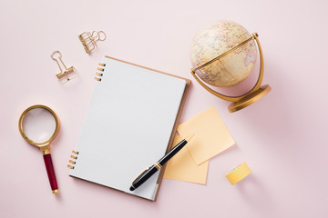 Modern mock up flat lay of notebook and stationery on pink background - Concept of creative work space