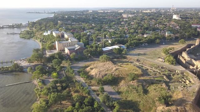 Aerial view from drone to ancient fortress Akkerman which is on the bank of the Dniester estuary, Bilhorod-Dnistrovskyi city, Odessa region, Ukraine