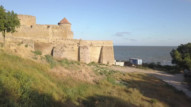 Aerial view from drone to ancient fortress Akkerman which is on the bank of the Dniester estuary, Bilhorod-Dnistrovskyi city, Odessa region, Ukraine