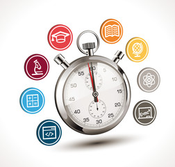 Fototapeta premium Time to learn concept - stopwatch with school symbols - biology, chemistry, physics, mathematics, literature, geography, programming