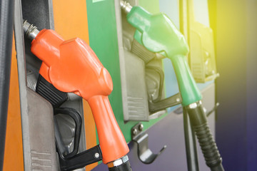 Gas station. Fuel pump.Colorful petrol pump filling nozzles.