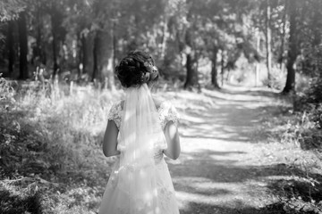 Beautiful bride with bridal veil. Attractive woman walks in the park in white wedding dress. Back view. Black and white image