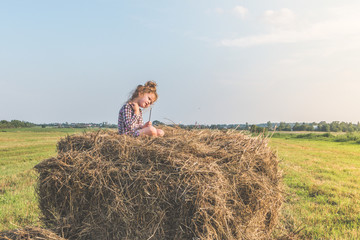 Naklejka na ściany i meble a girl in dress, baby on meadow sitting on hay in summer Sunny day