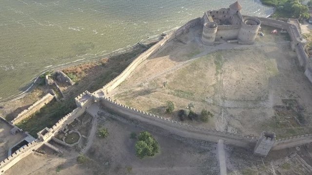Aerial view from drone to ancient fortress Akkerman which is on the bank of the Dniester estuary, Bilhorod-Dnistrovskyi city, Odessa region, Ukraine