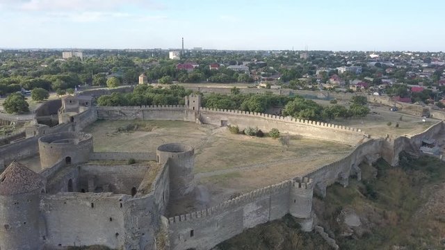 Aerial view from drone to ancient fortress Akkerman which is on the bank of the Dniester estuary, Bilhorod-Dnistrovskyi city, Odessa region, Ukraine