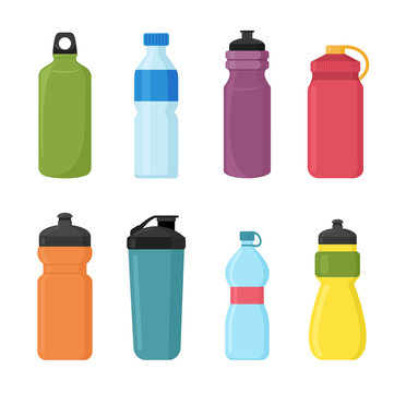 Vector illustration set of bicycle plastic bottle for water in different shaps and colors. Container water bottles for sport. Natural and healthy lifestyle concept, water bottled container liquid in