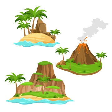 Vector illustration of three different islands on white background in cartoon style. Islands with volcano, palm trees and mountains in bright colors flat style.