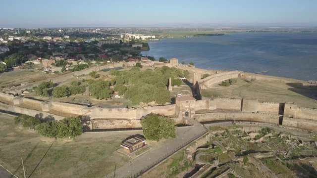 Aerial view from drone to ancient fortress Akkerman which is on the bank of the Dniester estuary, Bilhorod-Dnistrovskyi city, Odessa region, Ukraine