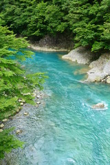 抱返渓谷。青い流の渓谷。仙北　秋田　日本。７月中旬。