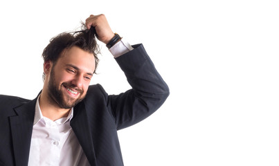 happy businessman rejoicing in luck and holding his hair isolated on white.