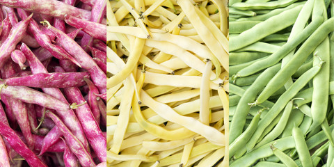 Colorful red yellow and green beans healthy food background