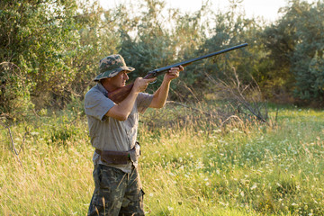 Hunter with a German trotter and spaniel, hunting a pheasant with dogs