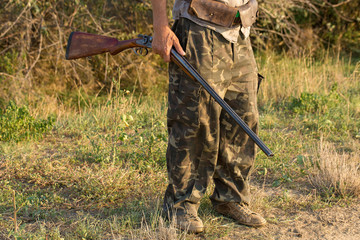 Hunter with a German trotter and spaniel, hunting a pheasant with dogs