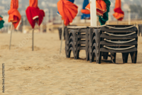 Beach Umbrellas On Foggy Morning In Deauville Fashionable