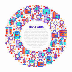 HIV and AIDs concept in circle with thin line icons: safe sex, blood transfusion, syringe, antiviral drugs, AIDs ribbon, blood test, microscope, genetic engeering. Vector illustration.