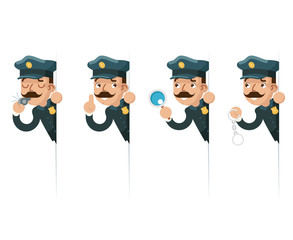 Policeman detective magnifying glass handcuffs police whistle look peeking out of the corner cartoon flat design vector illustration