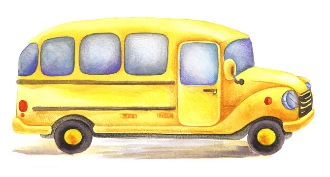 yellow watercolor school bus driven in right direction.