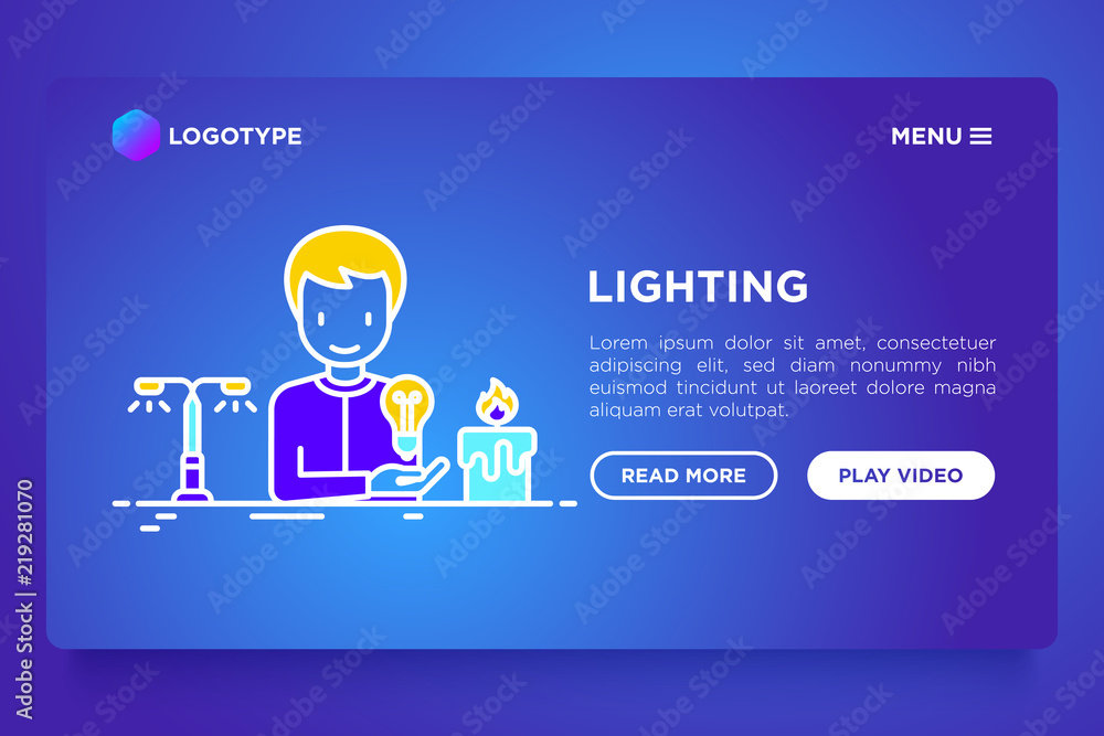 Poster lighting concept: man starting to use light bulb instead of candle. modern vector illustration, web 