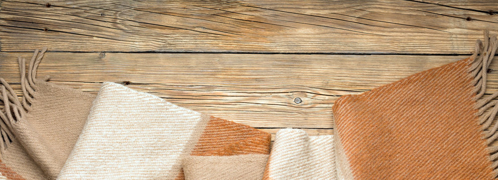 Warm Wool Throw On Wooden Background, Blanket