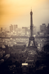 Aerial cityscape of Paris, France, with the Eiffel tower seen from the Tour Montparnasse