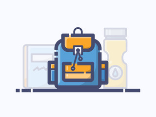 Colorful Backpack, Notebook and Bottle Vector Line Illustration with Blue and Orange Color. Suitable for Background, Icon, Print, Website Mobile App Presentation