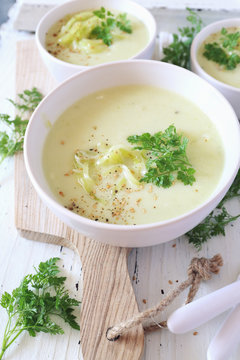Cold summer zucchini cream soup, vegetable cuisine