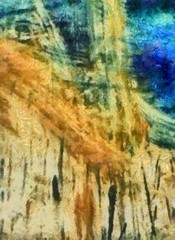 Detailed close-up grunge multi color abstract background. Dry textured brush strokes hand drawn oil painting on canvas texture. Creative simple pattern for graphic work, web design or wallpaper. Aged.